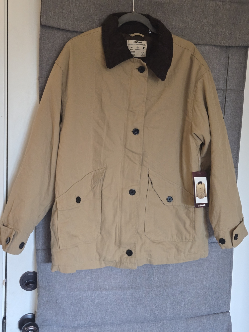 Ci Sono Khaki Barn Jacket Insulated, Corduroy Collar S NWT